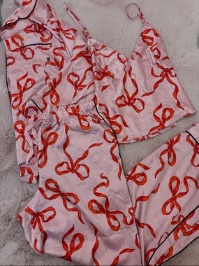 3pc Victoria's Secret Pink Satin Pajama Set with Red Ribbon Print